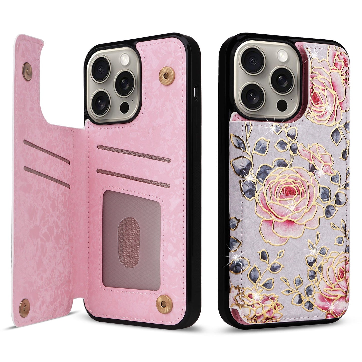 New Flower Print Anti-theft Double Buckle Hot Stamping Leather Case For iPhone