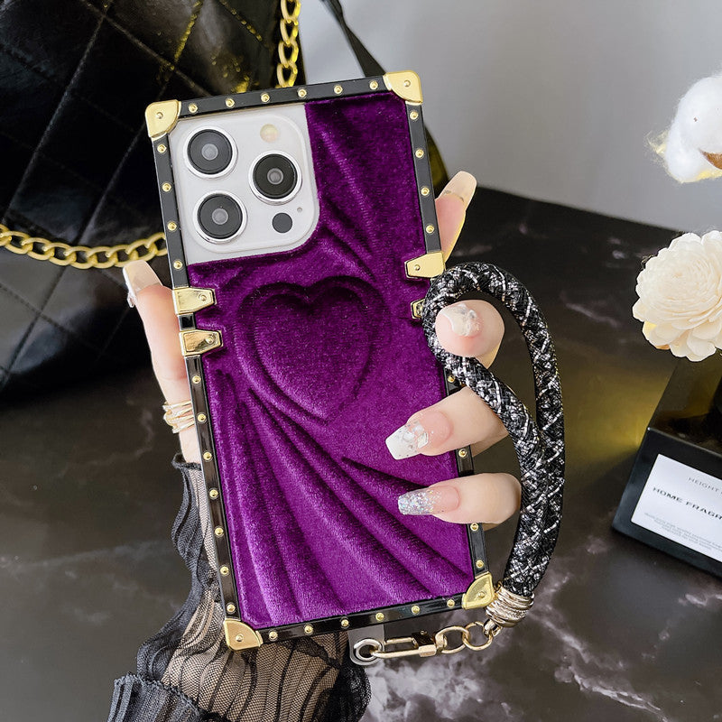 3D Velvet Heart Punk Rivet Phone Case With Lanyard For iPhone