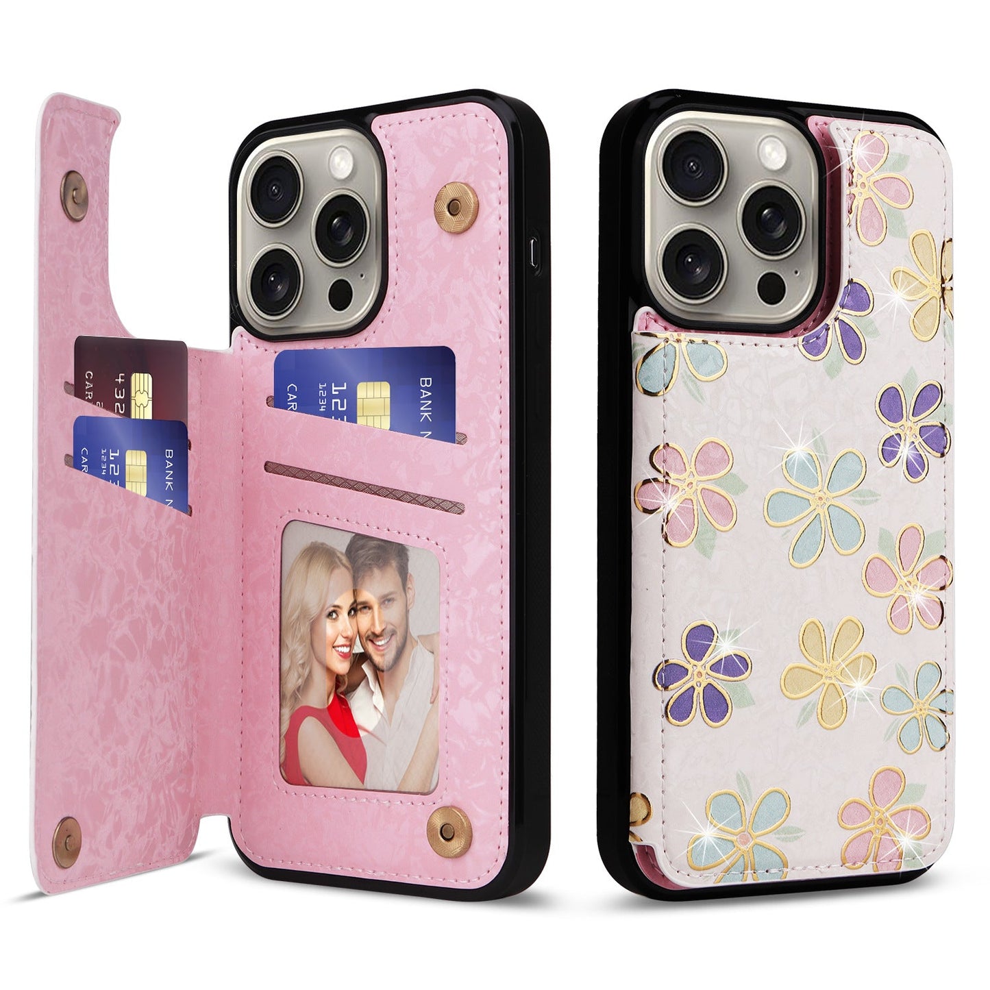 New Flower Print Anti-theft Double Buckle Hot Stamping Leather Case For iPhone