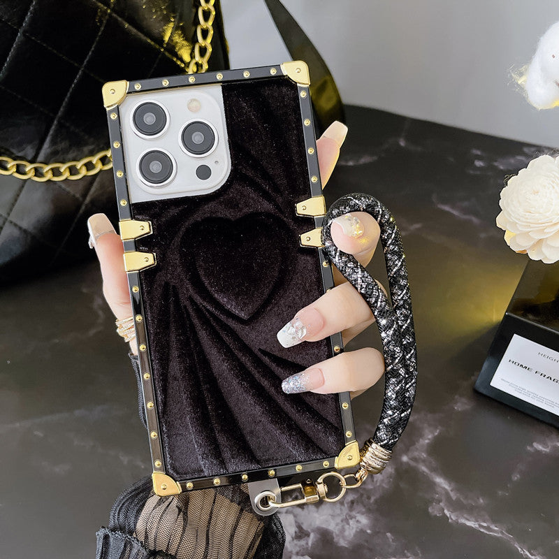 3D Velvet Heart Punk Rivet Phone Case With Lanyard For iPhone