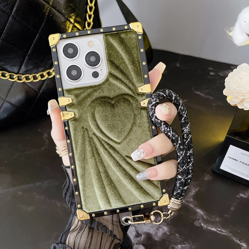 3D Velvet Heart Punk Rivet Phone Case With Lanyard For iPhone