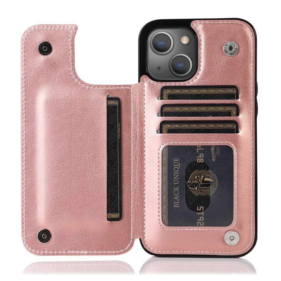 Wallet Double Button Leather Case For iPhone