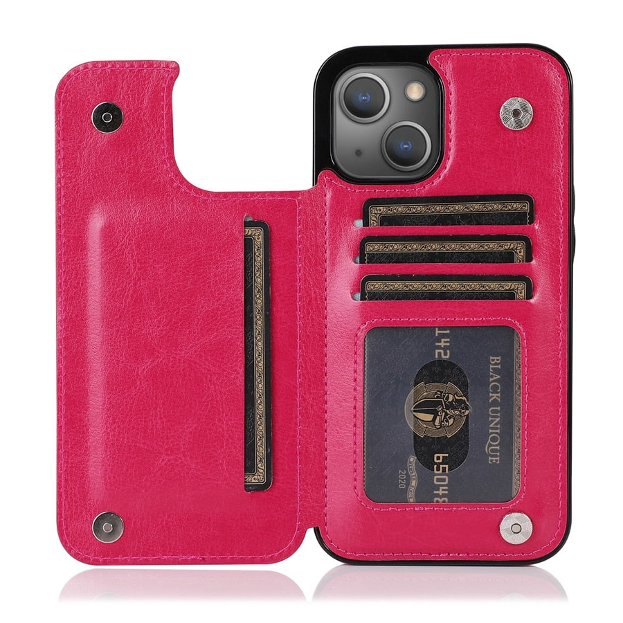 Wallet Double Button Leather Case For iPhone
