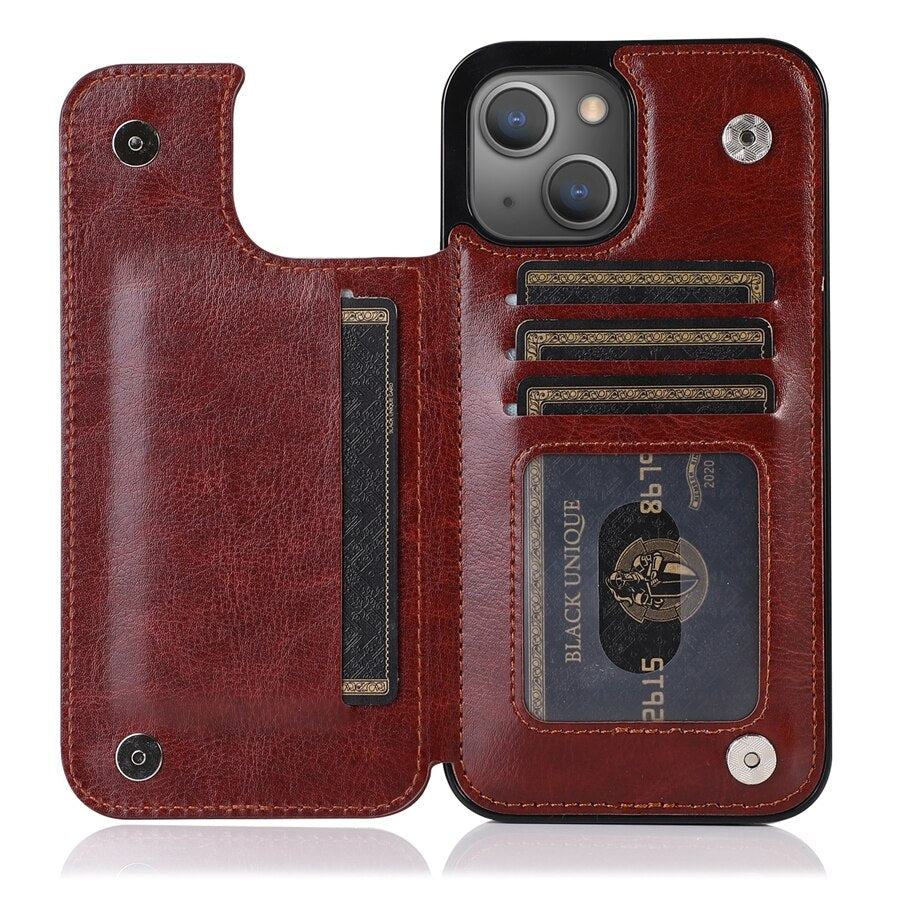 Wallet Double Button Leather Case For iPhone