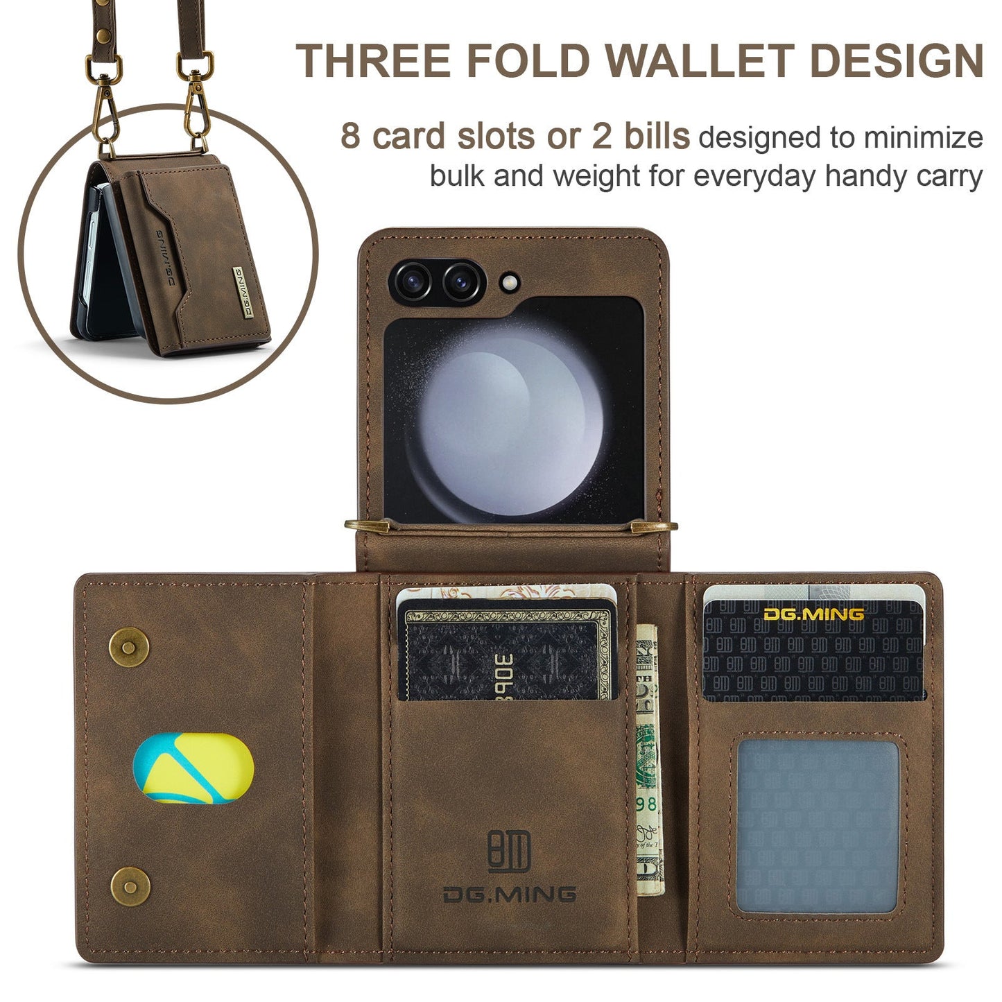 Crossbody Retro Leather Phone Case With 6 Cards Slot,Kickstand,Detachable Lanyard And Hinge For Galaxy Z Flip3/Z Flip4/Z Flip5