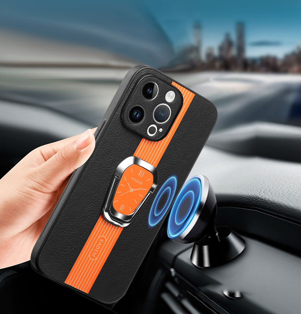 Leather Clock Magsafe Wireless Charging Phone Case With Car magnetic suction And Adjustable Kickstand For IPhone