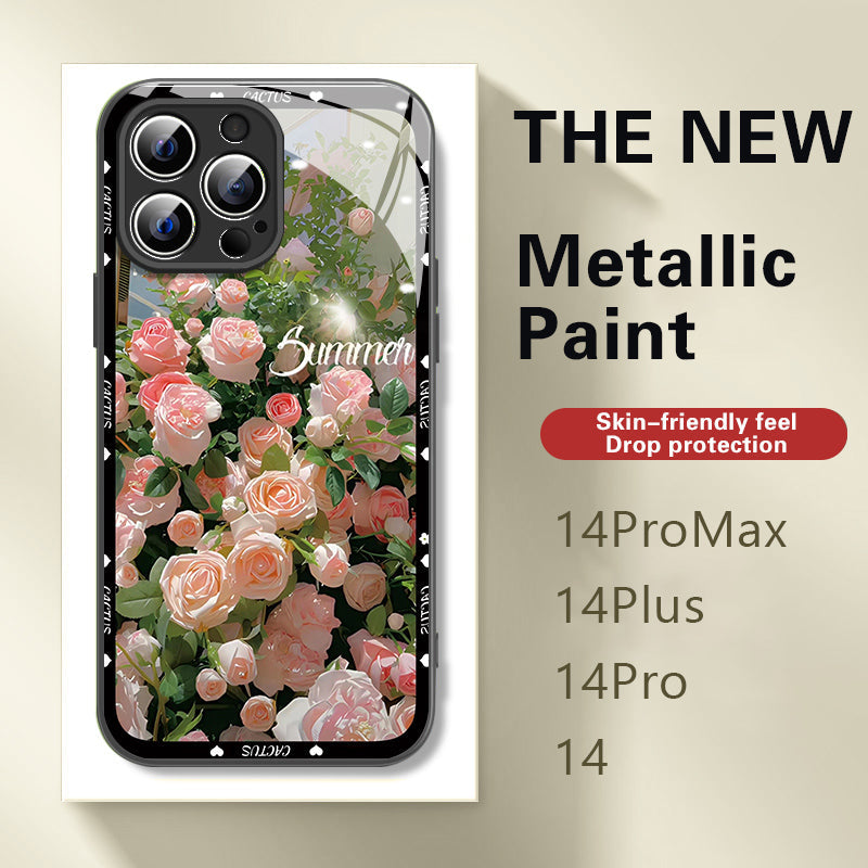 Metal Glass Rose Pattern Case Cover For iPhone