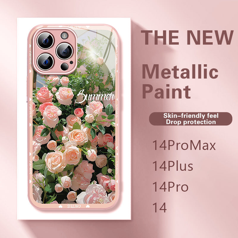 Metal Glass Rose Pattern Case Cover For iPhone