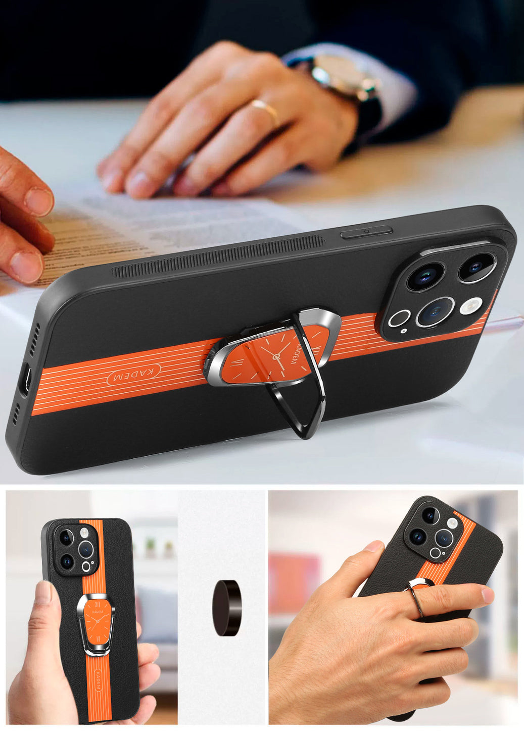 Leather Clock Magsafe Wireless Charging Phone Case With Car magnetic suction And Adjustable Kickstand For IPhone