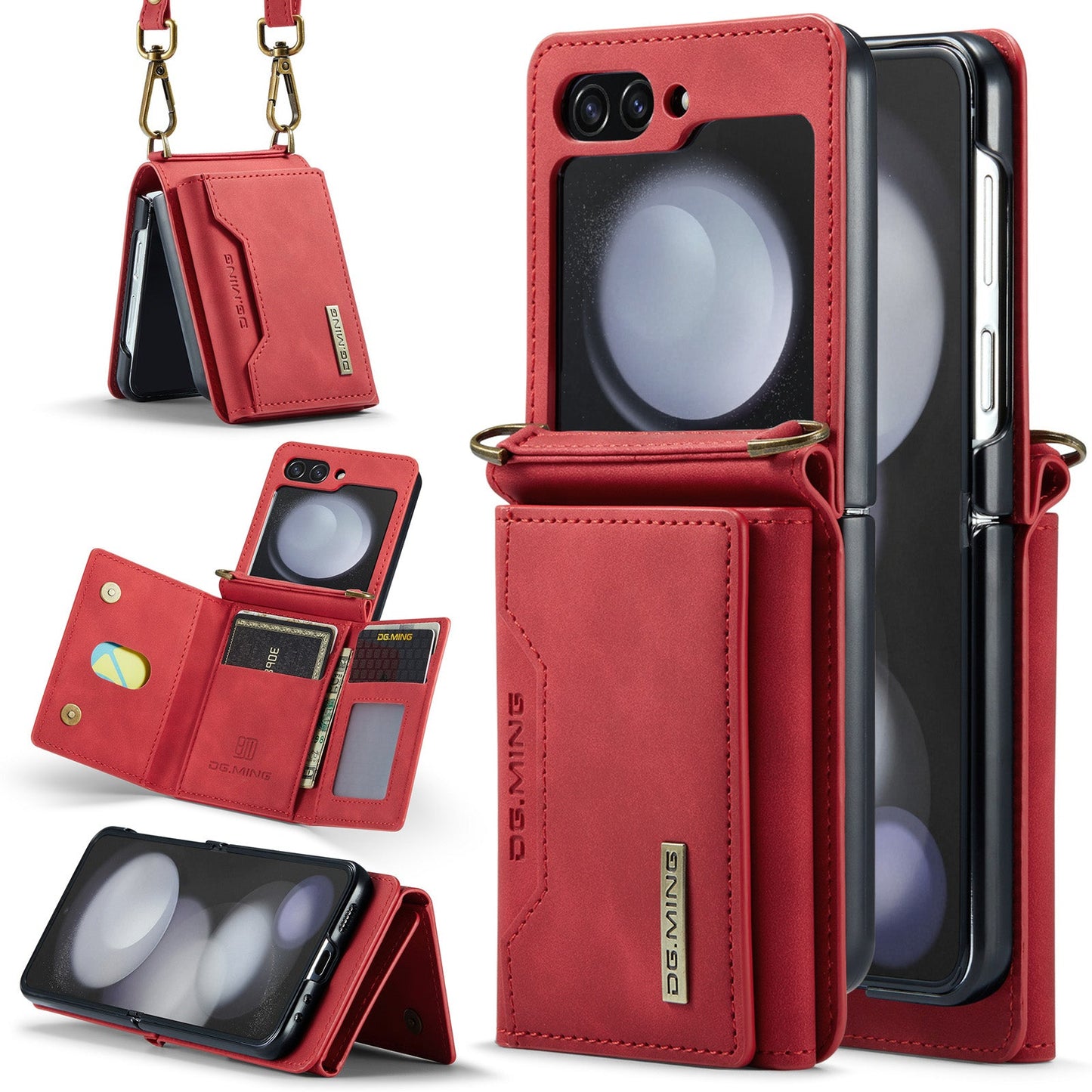 Crossbody Retro Leather Phone Case With 6 Cards Slot,Kickstand,Detachable Lanyard And Hinge For Galaxy Z Flip3/Z Flip4/Z Flip5