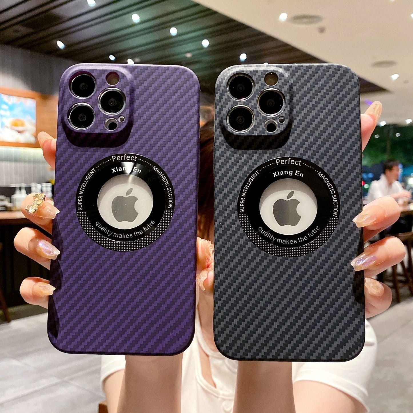 Logo Hole Carbon Fiber Magnetic Wireless iPhone Case