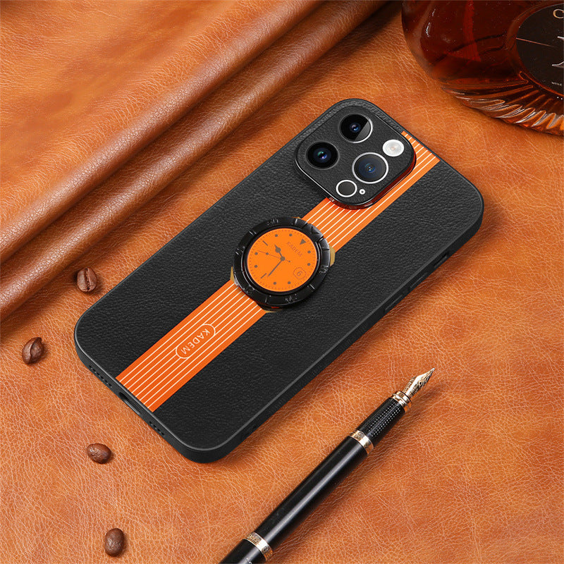 Leather Clock Magsafe Wireless Charging Phone Case With Car magnetic suction And Adjustable Kickstand For IPhone