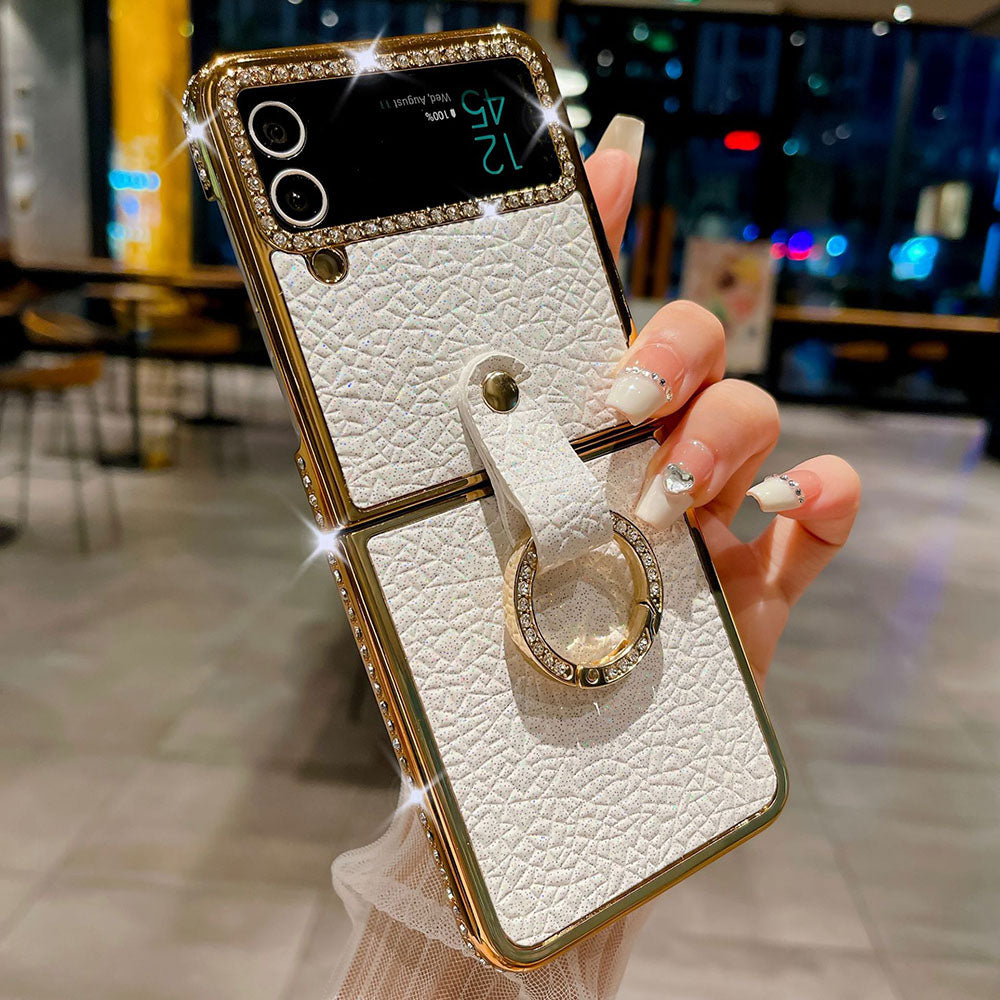 Rhinestone Glitter Leather Plated Ring Phone Case For Samsung Galaxy Flip4 Flip3