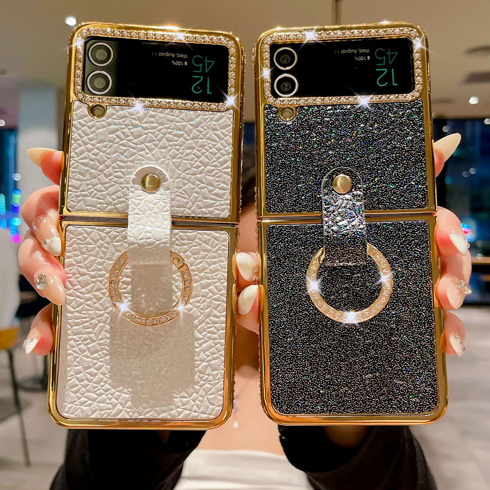 Rhinestone Glitter Leather Plated Ring Phone Case For Samsung Galaxy Flip4 Flip3