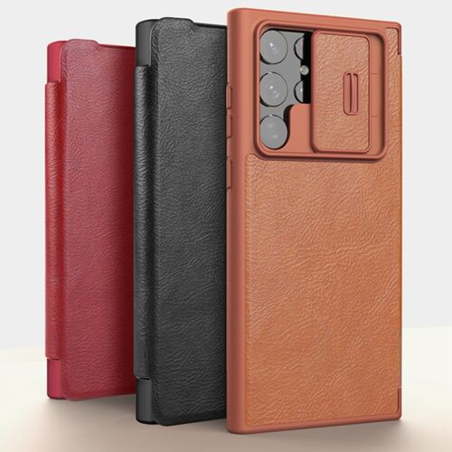 Leather Case with Flip Cover and Slide Camera Protection For Samsung