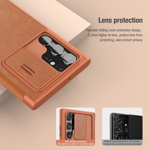 Leather Case with Flip Cover and Slide Camera Protection For Samsung