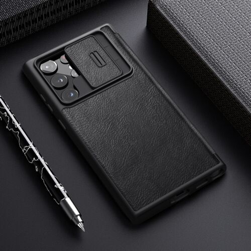 Leather Case with Flip Cover and Slide Camera Protection For Samsung