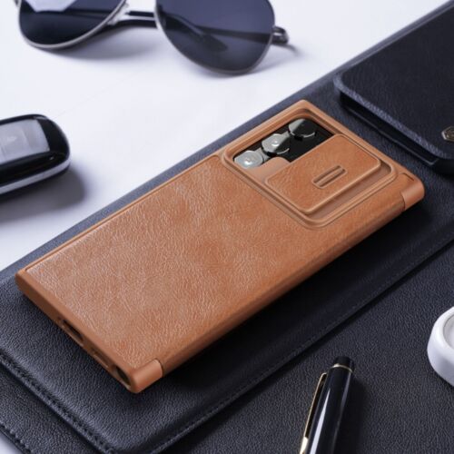 Leather Case with Flip Cover and Slide Camera Protection For Samsung