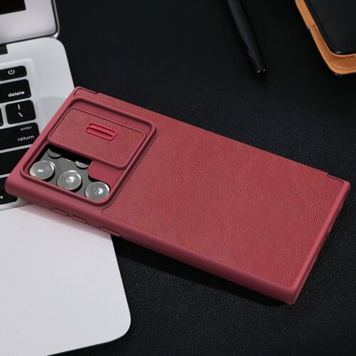 Leather Case with Flip Cover and Slide Camera Protection For Samsung