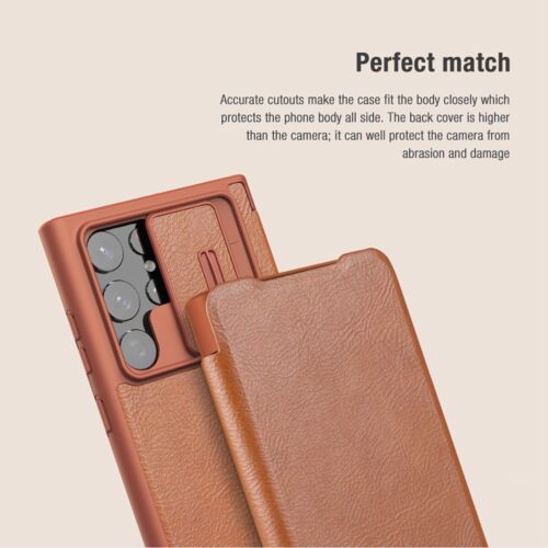 Leather Case with Flip Cover and Slide Camera Protection For Samsung