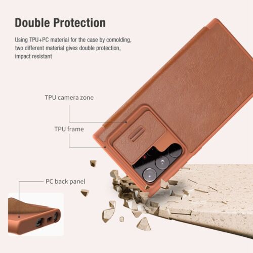 Leather Case with Flip Cover and Slide Camera Protection For Samsung